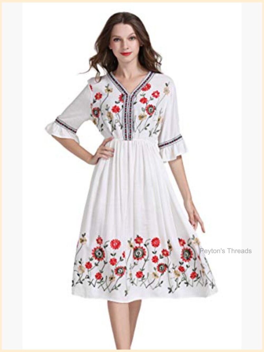 Short Sleeve Floral Embroidered Midi A-line Cocktail Dress - Picture 5 of 7